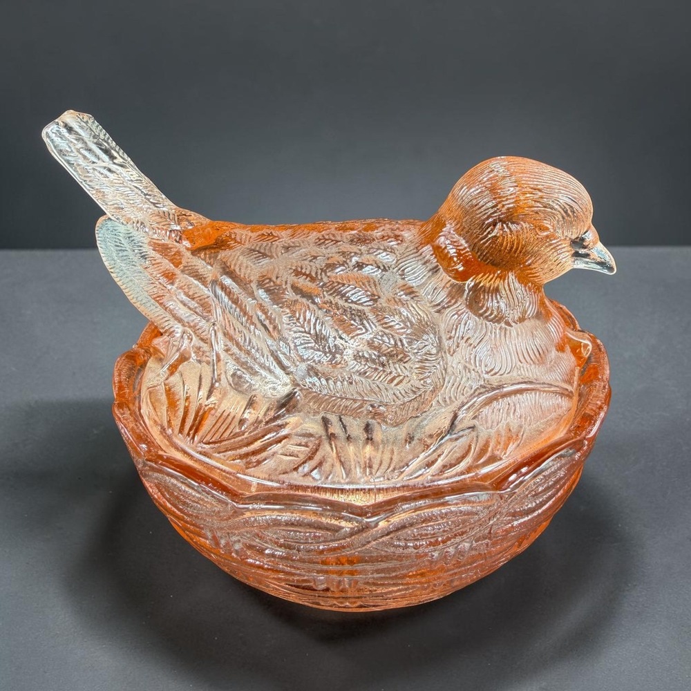 Heisey Hsinchu Glass Pink Bird on Nest Trinket Dish Basketweave 4x6 Vintage - Picture 14 of 15